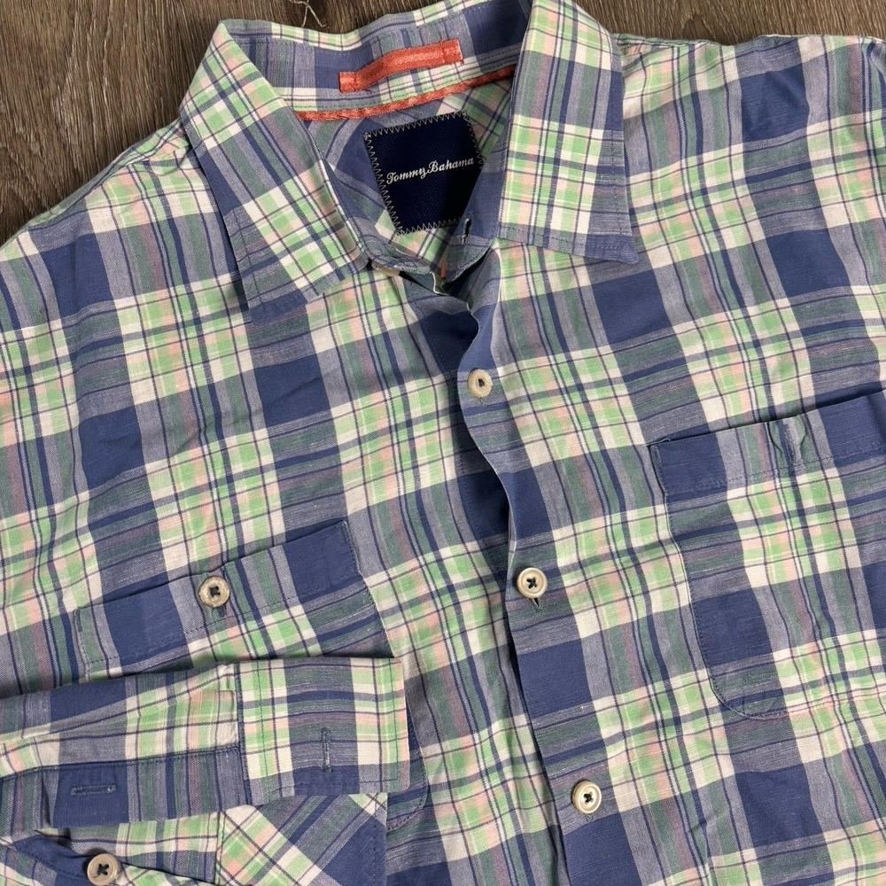 Tommy Bahama Mens L Madras Plaid Linen Cotton Button Up Long Sleeve Shirt